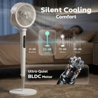 HOMCOM 20dB Silent Standing Fan, 70°+90° Auto Oscillating Fan with 12 Speeds, LED Light, Air Circulator, Remote Control, 12H Timer, Adjustable Height for Bedroom, White(m-5)