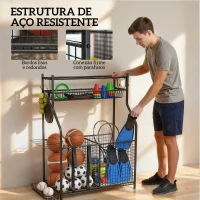 SPORTNOW Organizador de Equipamentos Desportivos com Cesta Ganchos Removíveis e Faixas Elásticas Suporte para Bolas 92x42x109 cm Preto(m-6)