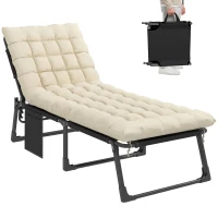 Outsunny Lettino Prendisole Pieghevole, Sdraio da Giardino Larga con Schienale Regolabile 5 Posizioni con Materasso Imbottito, Poggiatesta e Tasca Laterale, Bianco Crema(m-7)