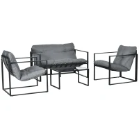 Outsunny Set da Giardino 4 Pezzi con Divanetto, 2 Poltrone e Tavolino, in Acciaio, Poliestere e Cotone PP, Nero e Grigio(m-1)