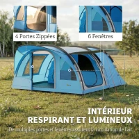 Outsunny Grande Tente Tunnel Camping 4 Personnes 3-4 Saisons Hauteur d'Homme 2 m Séjour XL 3,7 m Imperméable 3000mm Bleu(m-6)