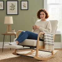 HOMCOM Poltrona Baloiço com Encosto Ajustável de Veludo Cotelê Nórdica Pés de Madeira Braços Almofada Lombar 70x89x97,5 cm Creme(m-9)