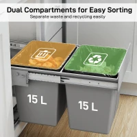 HOMCOM Pull Out Bin, Under Sink Bin - 2 Removable Compartments (15L Each) for 400mm Cabinets, Light Grey(m-5)