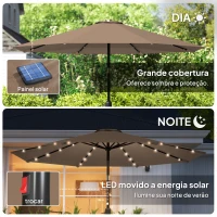 Outsunny Chapéu de Sol com 32 Luzes LED Solares Ø265 cm, Inclinável com Manivela e Mastro de Aço para Terraço, Pátio e Exterior Cáqui(m-4)