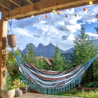 Outsunny Cama de Rede Dupla Portátil de Algodão 285x150cm com Bolsa de Transporte para Exterior Pátio Jardim Praia Campismo Carga Máxima 180kg Multicor(m-2)