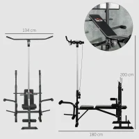 HOMCOM Panca Fitness con Leg Press, Squat Rack e Leg Extension, in Acciaio e PU, 180x134x200 cm, Nero e Argento(m-3)
