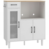 HOMCOM Dressoir Keukenkast met Lade, 2 Kasten, Open Vak, Geribbelde Acrylglasdeur 80 x 34 x 91 cm Wit+Eiken