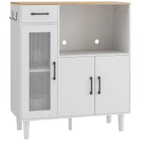 HOMCOM Dressoir Keukenkast met Lade, 2 Kasten, Open Vak, Geribbelde Acrylglasdeur 80 x 34 x 91 cm Wit+Eiken(m-1)