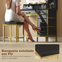 HOMCOM Toucador de Maquilhagem com Espelho, Luzes LED Estação de Carregamento 4 Gavetas e Banco 88x40x134 cm Preto(m-7)