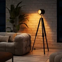 HOMCOM Industrial Tripod Floor Lamp, Nautical Searchlight with Adjustable Height, Wood Legs, E14 Lamp Base for Living Room, Bedroom, Black(m-9)