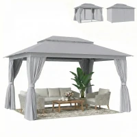 Outsunny 3 x 4 m Outdoor Garden Gazebo with Netting and Curtains, UPF50+ Patio Gazebo Permanent Pavilion Canopy, Dark Grey(m-10)