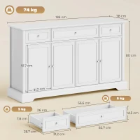 HOMCOM Buffet Wohnzimmer, Aufbewahrungsmöbel mit 3 Schubladen, 4 Soft-Close-Türen und verstellbaren Einlegeböden, weiß(m-3)