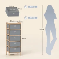 HOMCOM Chest of Drawers, 5 Fabric Drawers Narrow Dresser with Bamboo Frame, Light Grey(m-3)