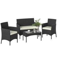 Outsunny Conjunto de Móveis de Jardim em Vime Sintético com Sofá Poltronas e Mesa de Vidro Temperado com Almofadas Preto e Creme(m-10)