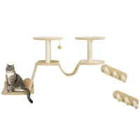 PawHut Cat Wall Shelves, 3PCs Cat Wall Funiture with Scratching Post, Perches, Ladder, Steps, Scratching Board, Ceiling Wall Mounted Cat Shelves for Indoor Cats, Kitten, Beige(m-10)