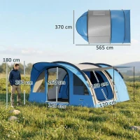 Outsunny Grande Tente Tunnel Camping 4 Personnes 3-4 Saisons Hauteur d'Homme 2 m Séjour XL 3,7 m Imperméable 3000mm Bleu(m-3)
