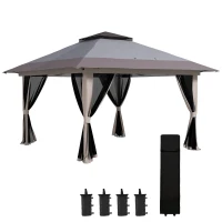 Outsunny Tenda Dobrável Pop-up com Altura Ajustável Proteção UV50+ Telhado Duplo e Redes Mosquiteiras 4x4x2,8 m Cinzento Claro(m-10)