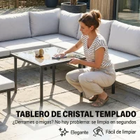 Outsunny Conjunto de Jardín Exterior de 6 Piezas con Sofá 2 Plazas Módulo de Esquina 2 Sillones Reposapiés Mesa de Vidrio Gris(m-7)