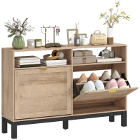 HOMCOM Shoe Cabinet with 2 Flip Drawers, Narrow Shoe Storage Top for Entryway Hallway, Walnut Brown(m-10)