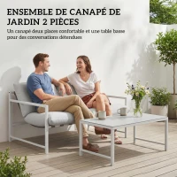 Outsunny Salon de Jardin Extérieur 2 Pièces, Canapé avec Coussins, Table Basse en Verre Trempé Marbré 3D, 125x80x64cm, Gris Clair(m-4)