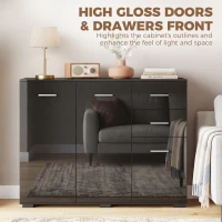 HOMCOM Sideboard, Modern Storage Cabinet with 2 Drawers, 3 Doors and Adjustable Shelves, High Gloss Black(m-6)