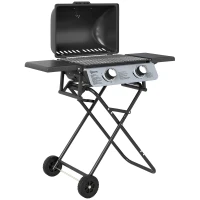 Outsunny Barbecue gaz transportable, 2 brûleurs 5,6 kW, barbecue gaz de camping avec étagères latérales thermomètre et roues, noir(m-12)