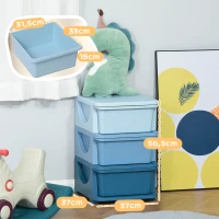 HOMCOM Organisateur de jouets pour enfants avec tiroirs à 3 niveaux, boîtes de rangement en plastique, 37 x 37 x 56,5 cm, bleu(m-3)