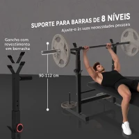 HOMCOM Banco de Pesos Multifuncional Dobrável com Suporte para Barras Ajustável e Estação de Dips 98-122x140x73 cm Preto(m-6)