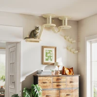 PawHut Cat Wall Shelves, 3PCs Cat Wall Funiture with Scratching Post, Perches, Ladder, Steps, Scratching Board, Ceiling Wall Mounted Cat Shelves for Indoor Cats, Kitten, Beige(m-2)