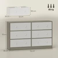 HOMCOM Cómoda com 6 Gavetas de Tecido Cómoda para Quarto Estrutura de Aço e MDF 114x30x70 cm Branco e Cinza(m-3)