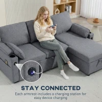 HOMCOM Corner Sofa Bed, L Shaped Sleeper Sectional Sofa with Reversible Storage Chaise, Grey(m-8)