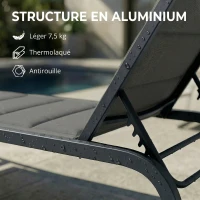 Outsunny Bain de Soleil en Aluminium, Dossier Réglable 6 Positions avec Roues, Rembourrage Intégré, 62x165x94cm, Gris Foncé(m-5)