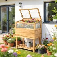 Outsunny Carré Potager sur Pieds avec Serre en Bois avec Couvercle Relevable, Étagère de Rangement, 80x45x108,5cm, Naturel(m-10)