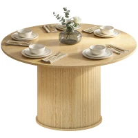 HOMCOM Tavolo rotondo da cucina per 5 persone, base cilindrica cannelata, 120x120x75 cm, Legno naturale(m-8)
