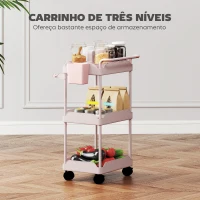 HOMCOM Carrinho Auxiliar com Rodas de 3 Níveis com Cestos Extraíveis Suporte para Toalhas e Estrutura de Metal 42x42,5x76 cm Rosa(m-4)