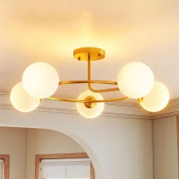 HOMCOM Plafonnier lustre moderne, luminaire plafonnier à 5 lumières avec culot G9, montage semi-affleurant, doré et blanc(m-11)