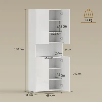 HOMCOM Buffet haut cuisine, armoire de cuisine, 4 portes à fermeture douce et étagères réglables, 68x34x180cm, blanc brillant(m-3)