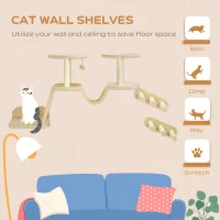 PawHut Cat Wall Shelves, 3PCs Cat Wall Funiture with Scratching Post, Perches, Ladder, Steps, Scratching Board, Ceiling Wall Mounted Cat Shelves for Indoor Cats, Kitten, Beige(m-4)