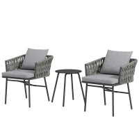 Outsunny 3-Piece Rattan Bistro Set, Garden Table and Chairs with 4 Cushions, Patio Rattan Conversation Furniture Set for Balcony, Porch, Terrace, Grey(m-10)