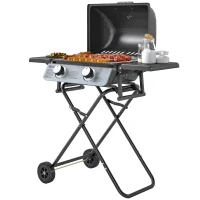 Outsunny Barbecue gaz transportable, 2 brûleurs 5,6 kW, barbecue gaz de camping avec étagères latérales thermomètre et roues, noir(m-1)