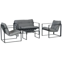 Outsunny Set da Giardino 4 Pezzi con Divanetto, 2 Poltrone e Tavolino, in Acciaio, Poliestere e Cotone PP, Nero e Grigio(m-11)