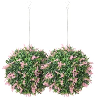 HOMCOM Set of 2 Artificial Plant Topiary Balls, UV-protected Fake Decorative Plants, Pink(m-11)