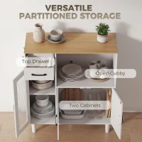 HOMCOM Dressoir Keukenkast met Lade, 2 Kasten, Open Vak, Geribbelde Acrylglasdeur 80 x 34 x 91 cm Wit+Eiken(m-5)