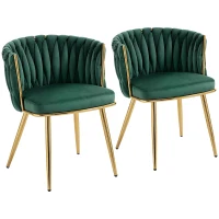 HOMCOM Velvet-Feel Dining Chairs Set of 2, Modern Upholstered Armchair with Knot Design and Golden Metal Legs, Accent Chair for Dining Room, Bedroom, Kitchen, Living Room, Dark Green(m-1)