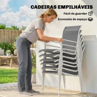 Outsunny Conjunto de Refeição de Jardim 7 Peças com Mesa de Vidro Temperado e 6 Cadeiras Empilháveis Cinzento(m-4)