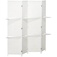 HOMCOM Parawan 4-częściowy 181 x 180 cm, Składany, z 2 półkami wykonany z drewna sosnowego i bambusa, do sypialni, biały