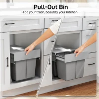 HOMCOM Pull Out Bin, Under Sink Bin - 2 Removable Compartments (15L Each) for 400mm Cabinets, Light Grey(m-4)