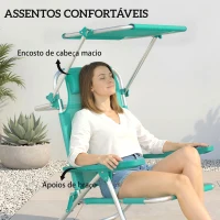 Outsunny Conjunto de 2 Cadeiras de Praia Dobráveis com Toldo Ajustável Encosto Reclinável em 6 Posições Apoio de Cabeça Turquesa(m-6)