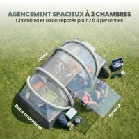 Outsunny Tente Gonflable Camping 2-4 Personnes avec Pompe 2 Chambres et Séjour Imperméable 3000mm 485x245x188cm Gris(m-5)