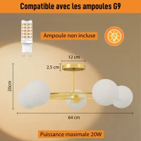 HOMCOM Plafonnier lustre moderne, luminaire plafonnier à 5 lumières avec culot G9, montage semi-affleurant, doré et blanc(m-5)